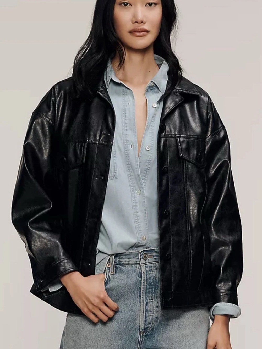 Anthropologie Pilcro Weston Boyfriend Black Faux Leather Relaxed Jacket XL